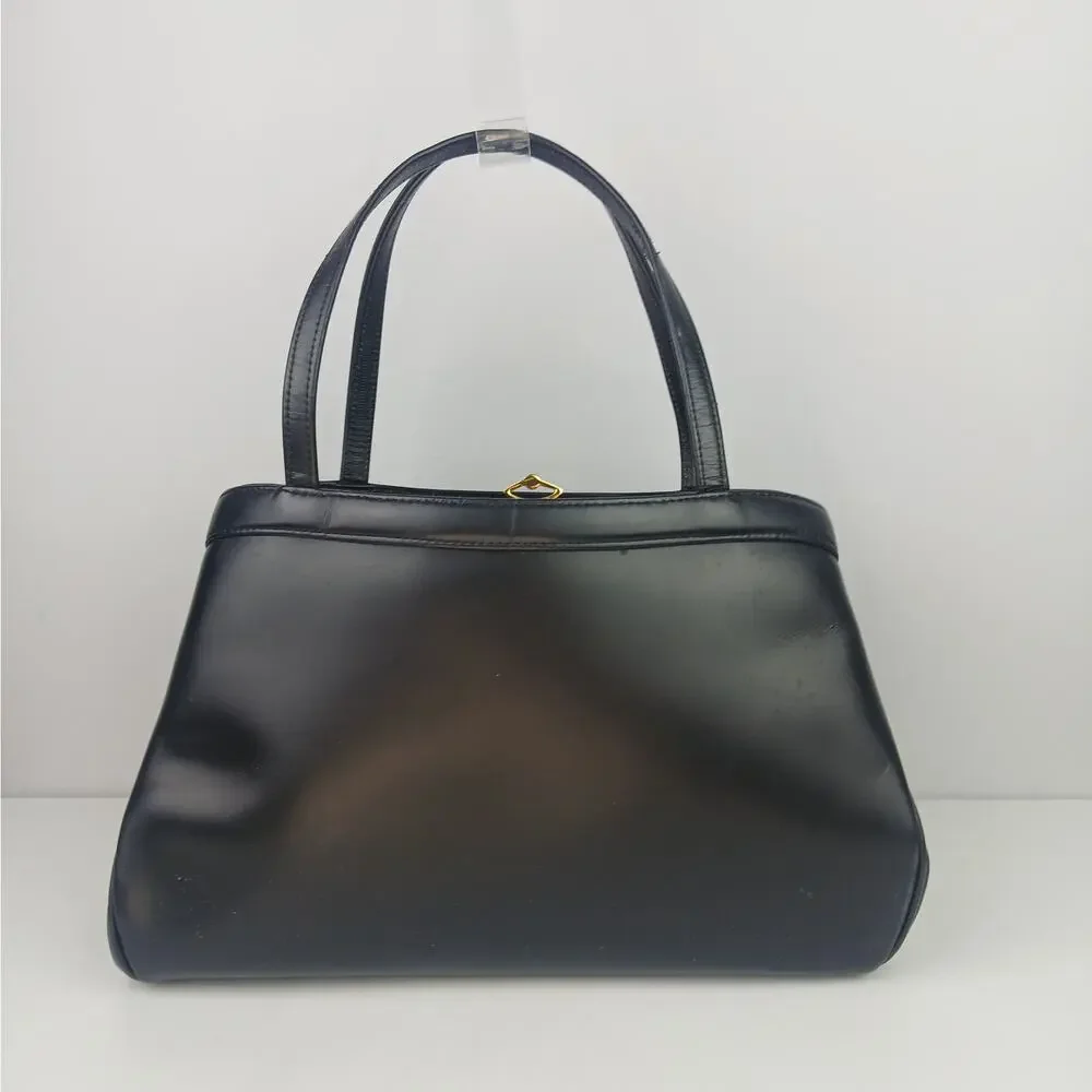 Vintage 1960's Black Leather Floral Needlepoint Handbag Gold Clasps Hong Kong